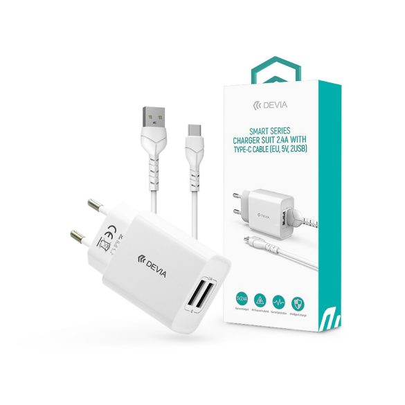 Devia 2xUSB hálózati töltő adapter + USB - Type-C kábel 1 m-es vezetékkel -     Devia Smart Series Charger Suit With Type-C Cable - 5V/2.4A - fehér