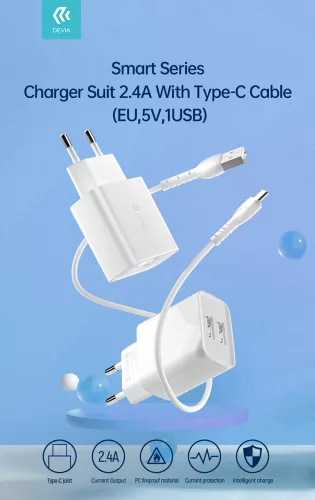 Devia 2xUSB hálózati töltő adapter + USB - Type-C kábel 1 m-es vezetékkel -     Devia Smart Series Charger Suit With Type-C Cable - 5V/2.4A - fehér