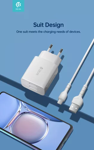 Devia 2xUSB hálózati töltő adapter + USB - Type-C kábel 1 m-es vezetékkel -     Devia Smart Series Charger Suit With Type-C Cable - 5V/2.4A - fehér