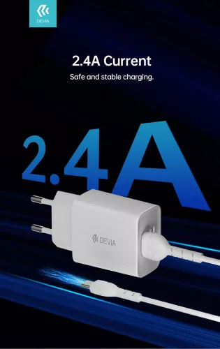 Devia 2xUSB hálózati töltő adapter + USB - Type-C kábel 1 m-es vezetékkel -     Devia Smart Series Charger Suit With Type-C Cable - 5V/2.4A - fehér