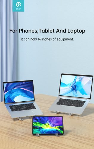 Devia univerzális asztali tablet/laptop tartóállvány max. 16" méretű            készülékekhez - Devia Smart Series Multi-function Folding Plastic Stand For     Tablet/Laptop - fehér