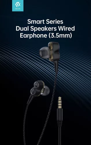 Devia univerzális sztereó felvevős fülhallgató - 3,5 mm jack - Devia Smart      Series Dual Speakers Wired Earphone - fekete