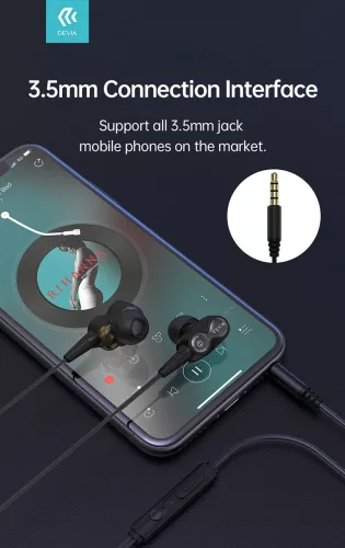 Devia univerzális sztereó felvevős fülhallgató - 3,5 mm jack - Devia Smart      Series Dual Speakers Wired Earphone - fekete