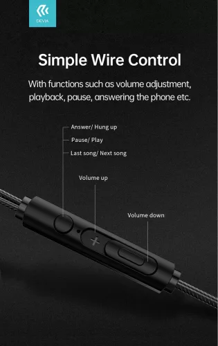 Devia univerzális sztereó felvevős fülhallgató - 3,5 mm jack - Devia Smart      Series Dual Speakers Wired Earphone - fekete