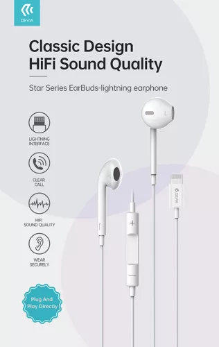 Devia univerzális sztereó felvevős fülhallgató - Lightning - Devia Star Series  Earbuds Lightning Earphone - fehér