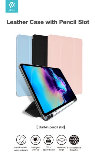 Apple iPad Air 4 (2020)/iPad Air 5 (2022) 10.9/iPad Pro 11 (2022) tablet tok    (Smart Case) on/off funkcióval, Apple Pencil tartóval, mágneses töltővel - DeviaLeather Case With Pencil Slot - kék
