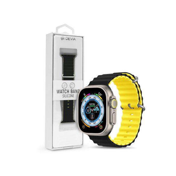 Apple Watch szilikon sport szíj - Deluxe Series Sport6 Silicone Two-tone Watch  Band - 42/44/45/49 mm - fekete/sárga