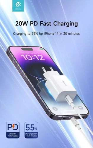 Devia hálózati töltő adapter Type-C bemenettel - 20W - Devia Smart Series PD Quick Charger V2 - fehér