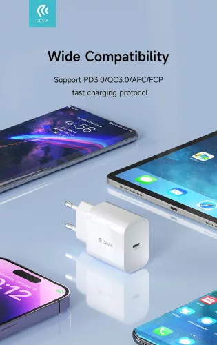 Devia hálózati töltő adapter Type-C bemenettel - 20W - Devia Smart Series PD Quick Charger V2 - fehér