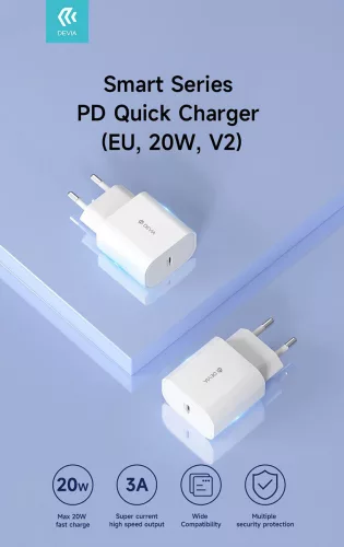 Devia hálózati töltő adapter Type-C bemenettel - 20W - Devia Smart Series PD Quick Charger V2 - fehér
