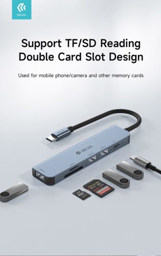 Devia USB Type-C - 3xUSB 3.0 + PD + Kártyaolvasó elosztó/adapter - Devia Leopard 5in1 Hub (Updated) - szürke