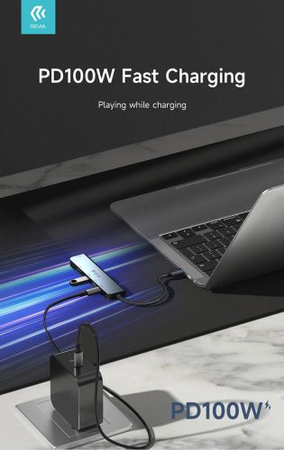 Devia USB Type-C - 3xUSB 3.0 + PD + Kártyaolvasó elosztó/adapter - Devia Leopard 5in1 Hub (Updated) - szürke