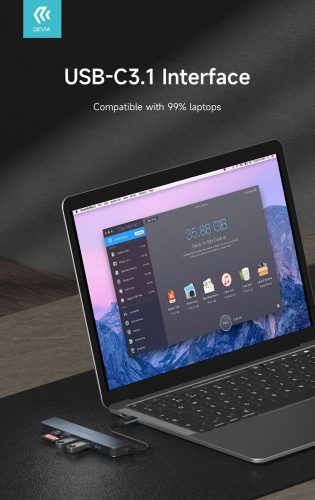 Devia USB Type-C - 3xUSB 3.0 + PD + Kártyaolvasó elosztó/adapter - Devia Leopard 5in1 Hub (Updated) - szürke
