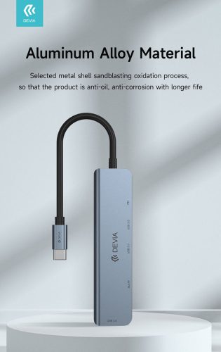 Devia USB Type-C - 3xUSB 3.0 + PD + Kártyaolvasó elosztó/adapter - Devia Leopard 5in1 Hub (Updated) - szürke