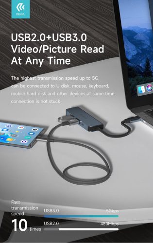 Devia USB Type-C - 2xUSB 3.0 + PD + HDMI elosztó/adapter - Devia Leopard 4in1 Hub (Updated) - szürke