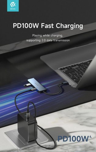 Devia USB Type-C - 2xUSB 3.0 + PD + HDMI elosztó/adapter - Devia Leopard 4in1 Hub (Updated) - szürke