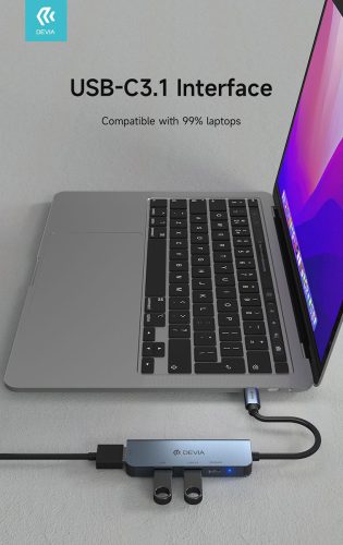 Devia USB Type-C - 2xUSB 3.0 + PD + HDMI elosztó/adapter - Devia Leopard 4in1 Hub (Updated) - szürke