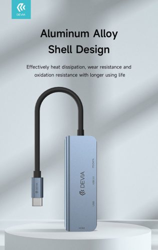 Devia USB Type-C - 2xUSB 3.0 + PD + HDMI elosztó/adapter - Devia Leopard 4in1 Hub (Updated) - szürke