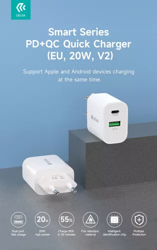 Devia hálózati töltő adapter Type-C + USB bemenettel - 20W - Devia Smart Series PD3.0 + QC3.0 Quick Charger V2 - fehér