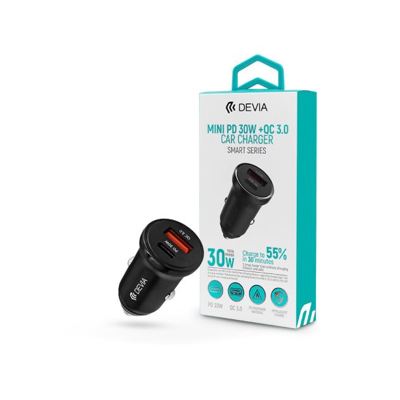 Devia szivargyújtó töltő adapter USB + Type-C bemenettel - 30W - Devia Smart Series Mini PD 30W + QC 3.0 Car Charge - fekete