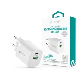   Devia GaN hálózati töltő adapter USB + Type-C bemenettel - 30W - Devia Smart Series GaN PD + QC Quick Charger - fehér