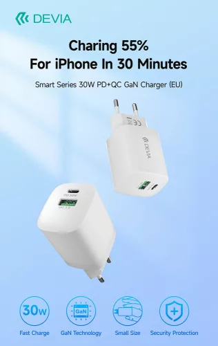 Devia GaN hálózati töltő adapter USB + Type-C bemenettel - 30W - Devia Smart Series GaN PD + QC Quick Charger - fehér