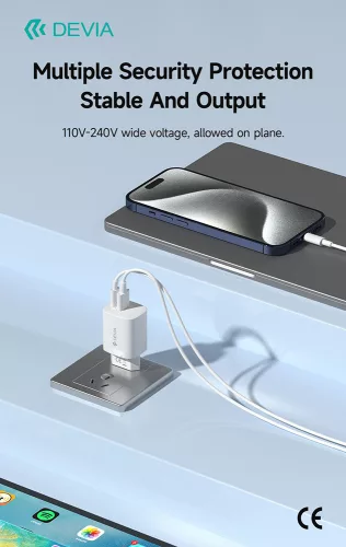 Devia GaN hálózati töltő adapter USB + Type-C bemenettel - 30W - Devia Smart Series GaN PD + QC Quick Charger - fehér