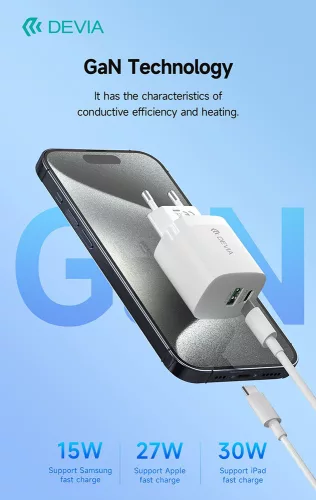 Devia GaN hálózati töltő adapter USB + Type-C bemenettel - 30W - Devia Smart Series GaN PD + QC Quick Charger - fehér