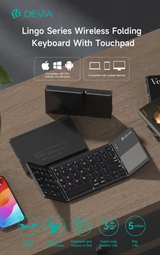Devia összecsukható vezeték nélküli Bluetooth billentyűzet érintőpaddal - Devia Lingo Series Foldable Wireless Keyboard with Touchpad - fekete