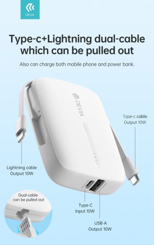Devia Kintone Series - USB + Type-C - powerbank + Type-C/Lightning kábel - 10.000 mAh - fehér