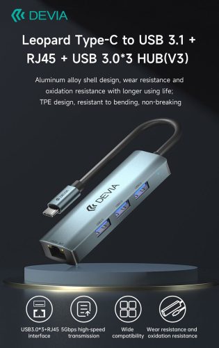 Devia USB Type-C - USB 3.1 + RJ45 + 3xUSB 3.0 elosztó/adapter - Devia Leopard Series 5 V3 HUB - szürke