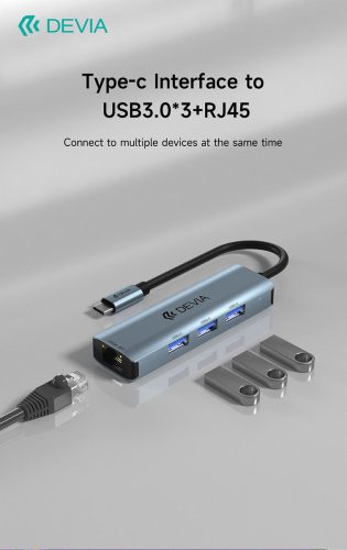 Devia USB Type-C - USB 3.1 + RJ45 + 3xUSB 3.0 elosztó/adapter - Devia Leopard Series 5 V3 HUB - szürke