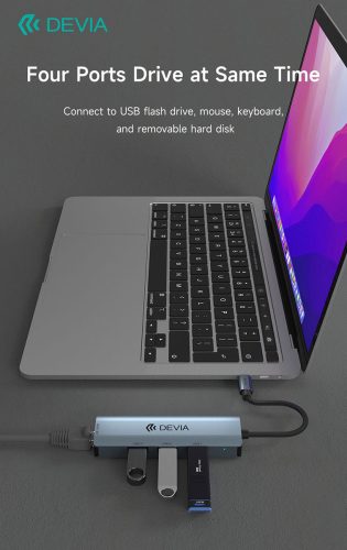Devia USB Type-C - USB 3.1 + RJ45 + 3xUSB 3.0 elosztó/adapter - Devia Leopard Series 5 V3 HUB - szürke