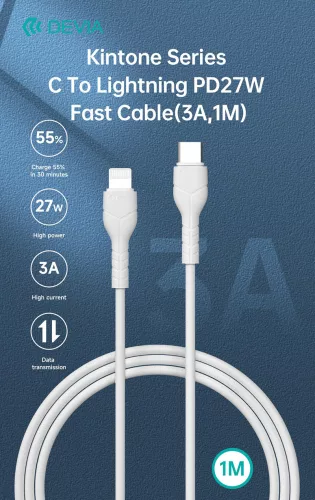 Devia USB Type-C - Lightning adat- és töltőkábel 1 m-es vezetékkel - Devia Kintone Series Type-C to Lightning PD Cable - 27W - fehér