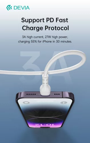 Devia USB Type-C - Lightning adat- és töltőkábel 1 m-es vezetékkel - Devia Kintone Series Type-C to Lightning PD Cable - 27W - fehér - ECO csomagolás