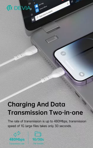 Devia USB Type-C - Lightning adat- és töltőkábel 1 m-es vezetékkel - Devia Kintone Series Type-C to Lightning PD Cable - 27W - fehér - ECO csomagolás