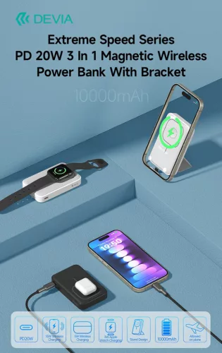 Devia Extreme Speed Series 3in1 Magnetic Wireless PD 20W powerbank/állvány - 10.000 mAh - fekete