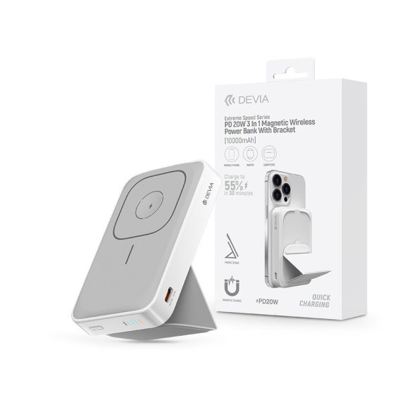 Devia Extreme Speed Series 3in1 Magnetic Wireless PD 20W powerbank/állvány - 10.000 mAh - fehér