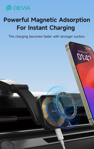 Devia Smart Series Magnetic 15W műszerfalra/szélvédőre vezeték nélküli autós töltő/tartó - fekete