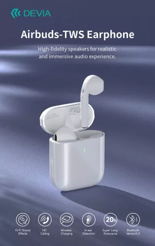 Devia TWS Bluetooth sztereó headset v5.3 + töltőtok - Devia Airbuds-TWS Wireless Earphone with Charging Case - fehér