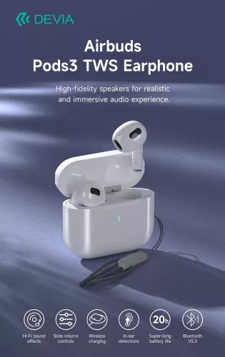 Devia TWS Bluetooth sztereó headset v5.3 + töltőtok - Devia Airbuds Pods3 TWS Wireless Earphone with Charging Case - fehér