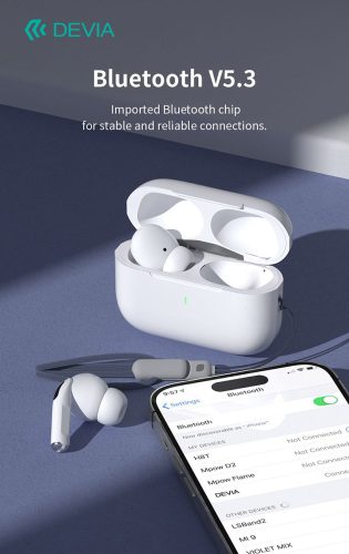 Devia TWS Bluetooth sztereó headset v5.3 + töltőtok - Devia Airbuds Pods2 TWS Wireless Earphone with Charging Case - fehér