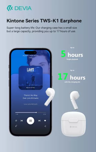 Devia TWS Bluetooth sztereó headset v5.3 + töltőtok - Devia TWS-K1 Wireless Earphone with Charging Case - fehér