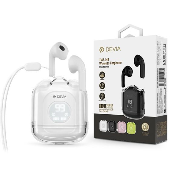 Devia TWS Bluetooth sztereó headset v5.3 + töltőtok - Devia TWS-M6 Wireless Earphone with Charging Case - fehér