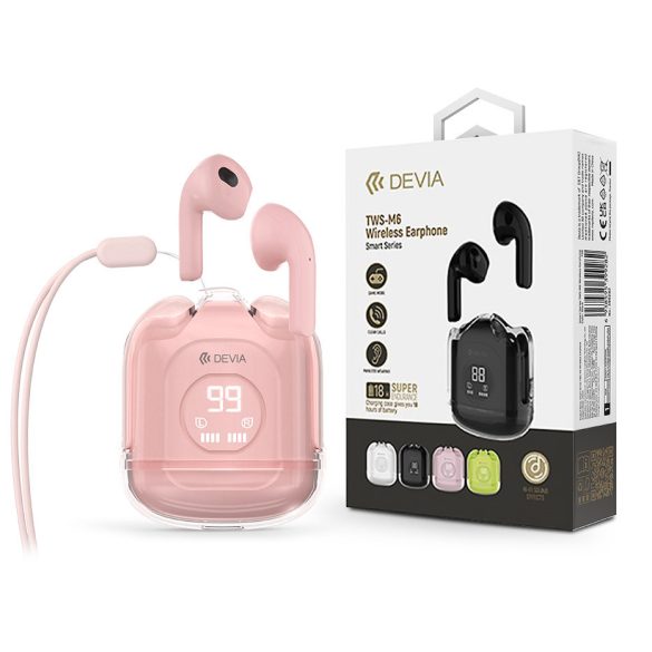 Devia TWS Bluetooth sztereó headset v5.3 + töltőtok - Devia TWS-M6 Wireless Earphone with Charging Case - rózsaszín