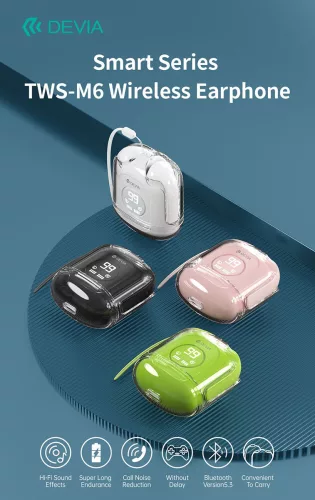 Devia TWS Bluetooth sztereó headset v5.3 + töltőtok - Devia TWS-M6 Wireless Earphone with Charging Case - rózsaszín