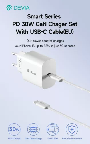 Devia Smart Series 30W GaN PD+QC hálózati gyorstöltő adapter + Type-C/Type-C kábel - fehér