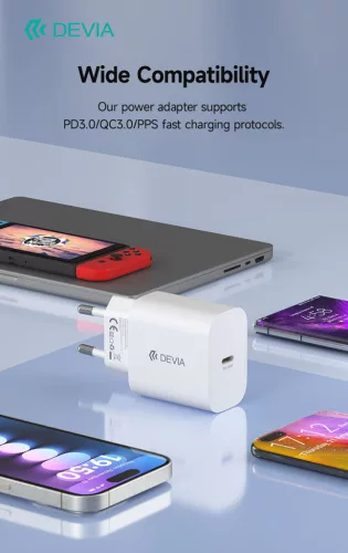 Devia Smart Series 30W GaN PD+QC hálózati gyorstöltő adapter + Type-C/Type-C kábel - fehér