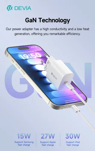 Devia Smart Series 30W GaN PD+QC hálózati gyorstöltő adapter + Type-C/Type-C kábel - fehér