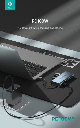 Devia Leopard 11in1 Hub - Type-C - 3xUSB/Type-C/PD/HDMI/VGA/RJ45/Card/Jack elosztó/adapter - szürke